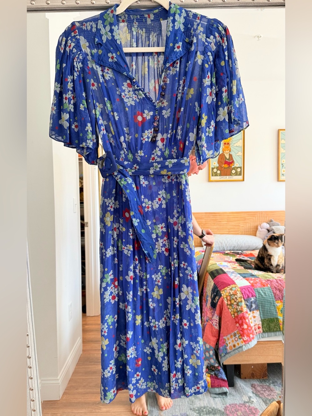 VINTAGE 30s 40s sheer chiffon blue floral dress